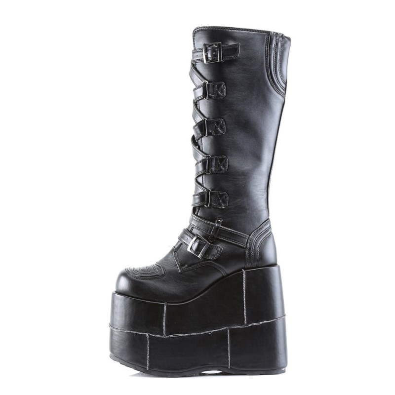 Demonia Stack 308 - Platform Goth Cyber Gogo Punk Zig Zag Strap Women Knee-High Boots Black USA | CY7-61196C5