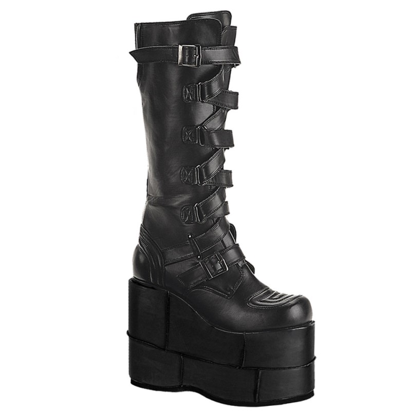 Demonia Stack 308 - Platform Goth Cyber Gogo Punk Zig Zag Strap Women Knee-High Boots Black USA | CY7-61196C5