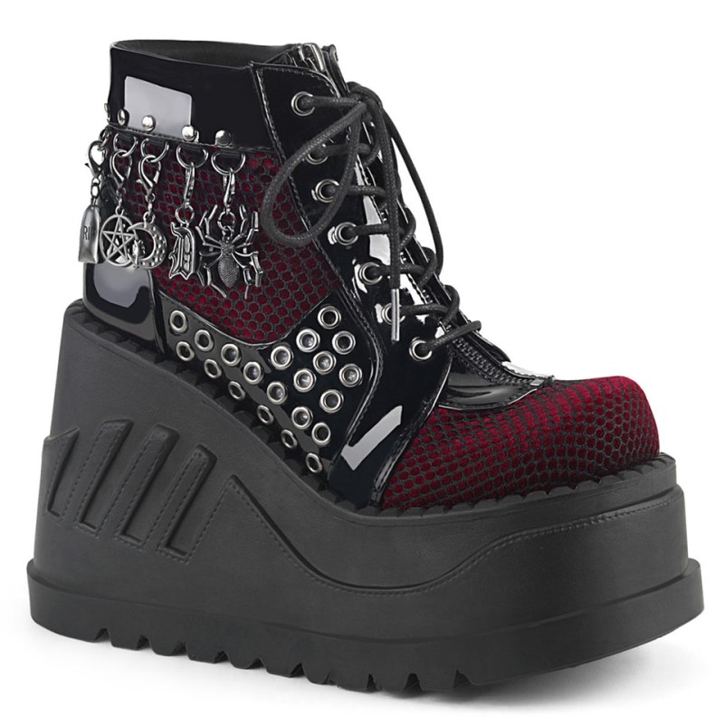 Demonia Stomp 18 - Platform Lace Up Wedge Women Ankle Boots Black / Burgundy USA | YQ8-46754Z2