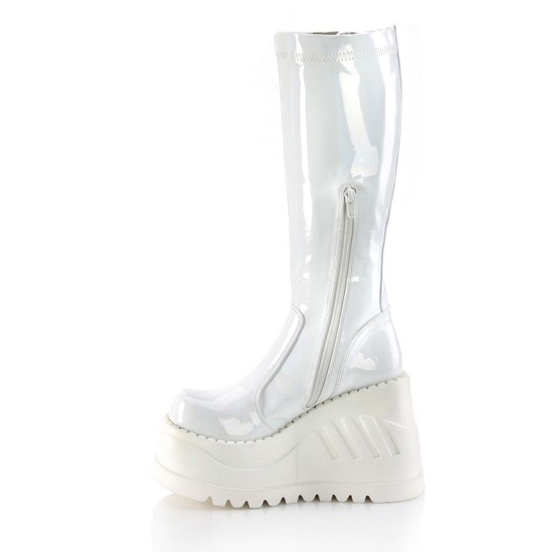 Demonia Stomp 200 - Wedge Platform Stretch Women Knee-High Boots White USA | UK3-76077D4