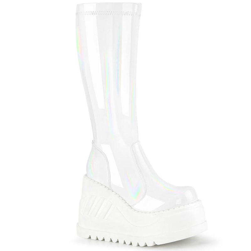 Demonia Stomp 200 - Wedge Platform Stretch Women Knee-High Boots White USA | UK3-76077D4