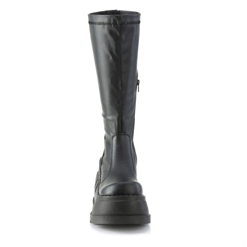 Demonia Stomp 200 - Wedge Platform Stretch Women Knee-High Boots Black USA | JA9-80438P2