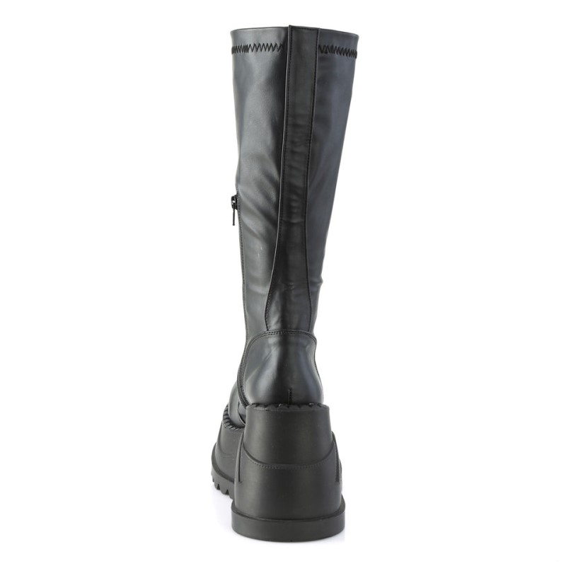 Demonia Stomp 200 - Wedge Platform Stretch Women Knee-High Boots Black USA | JA9-80438P2