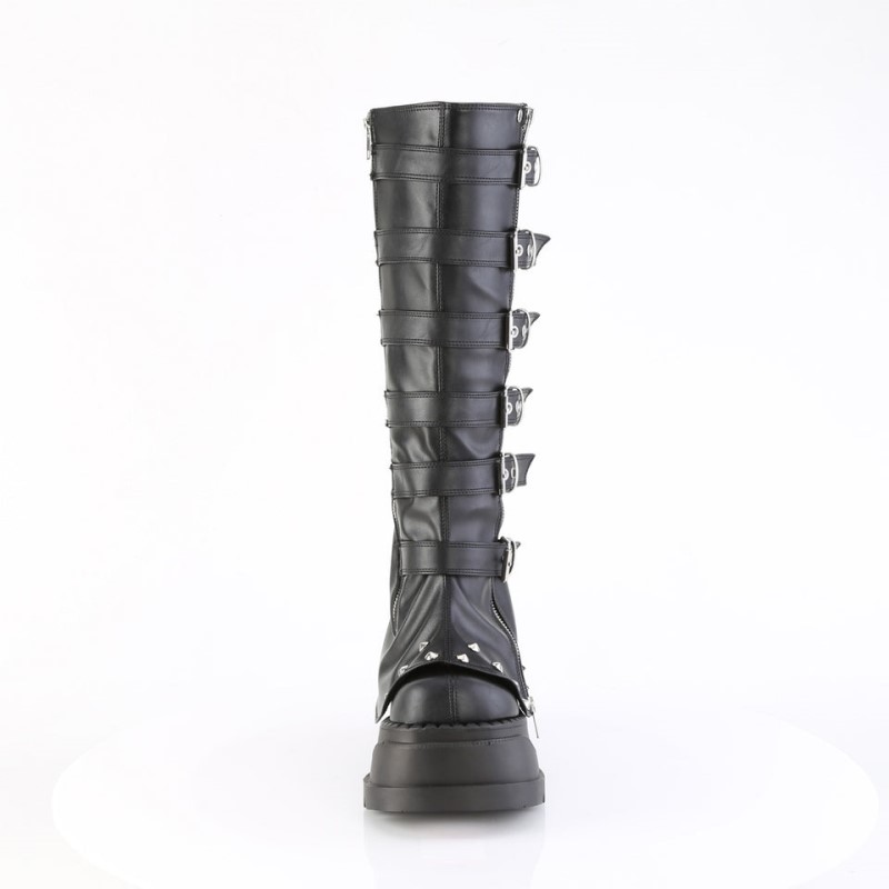 Demonia Stomp 223 - Wedge Bell Bottom Draped Platform Women Knee-High Boots Black USA | UL8-75897B4