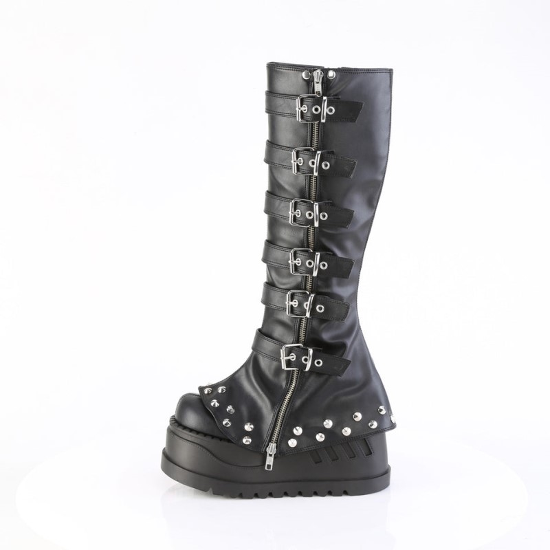 Demonia Stomp 223 - Wedge Bell Bottom Draped Platform Women Knee-High Boots Black USA | UL8-75897B4