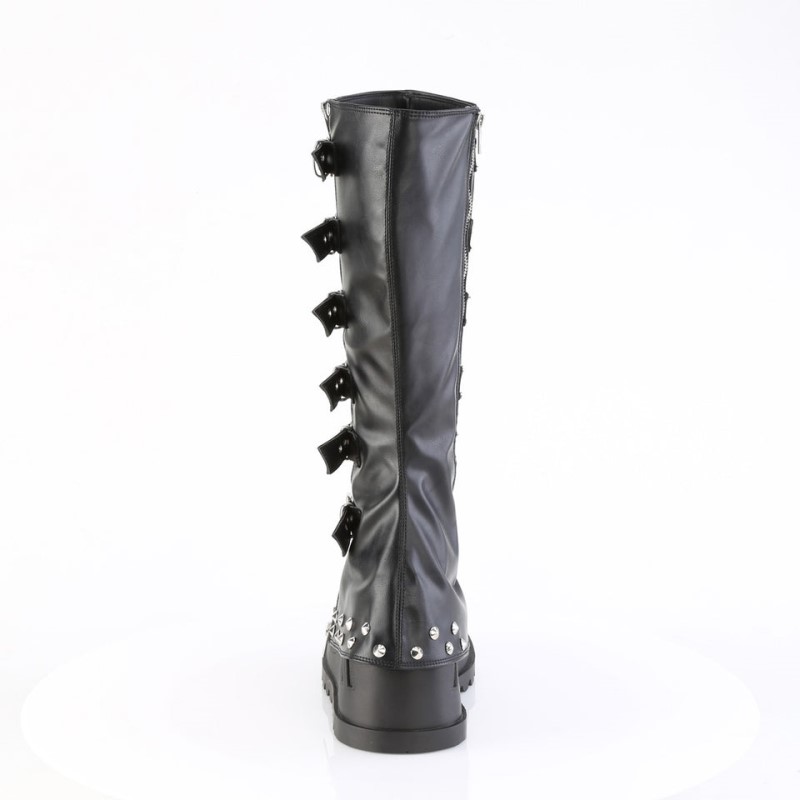 Demonia Stomp 223 - Wedge Bell Bottom Draped Platform Women Knee-High Boots Black USA | UL8-75897B4