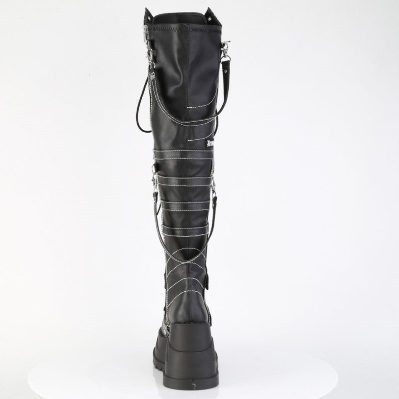 Demonia Stomp 310 - Wedge Platform Stretch Lace Up Women Over-The-Knee Boots Black USA | IJ5-32683A5