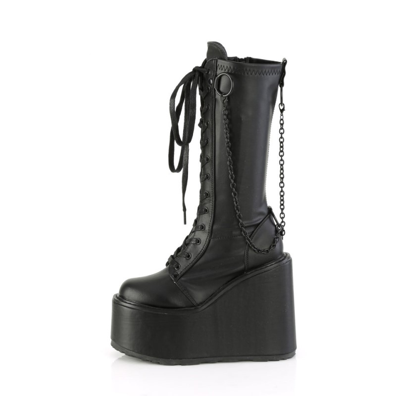 Demonia Swing 150 - Wedge Platform Lace Up Stretch Women Knee-High Boots Black USA | QS7-03280Y2