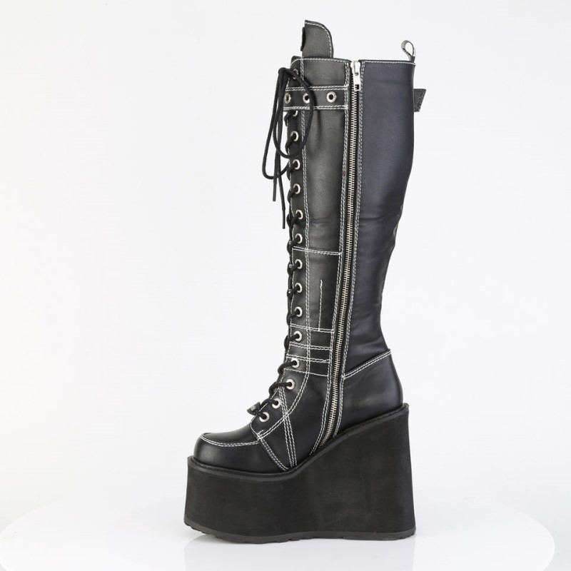 Demonia Swing 260 - Wedge Platform Lace Up Women Knee-High Boots Black USA | WA5-59835B5