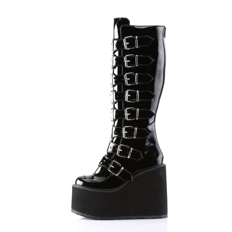 Demonia Swing 815 - Wedge Platform Women Knee-High Boots Black / Black USA | HP2-72877O1