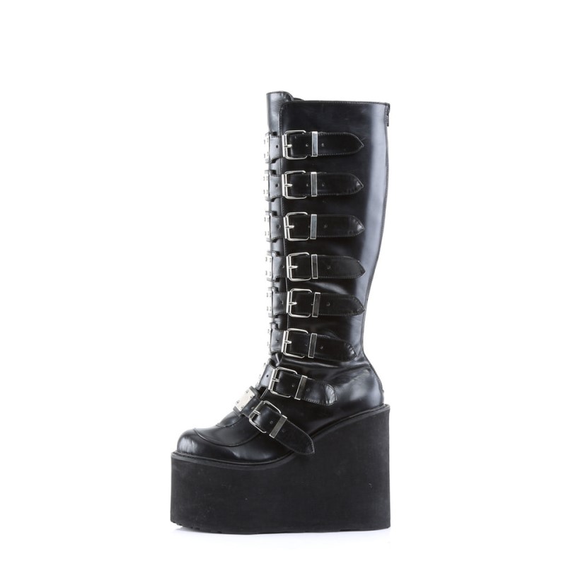 Demonia Swing 815 - Wedge Platform Women Knee-High Boots Black USA | OF9-59455S4