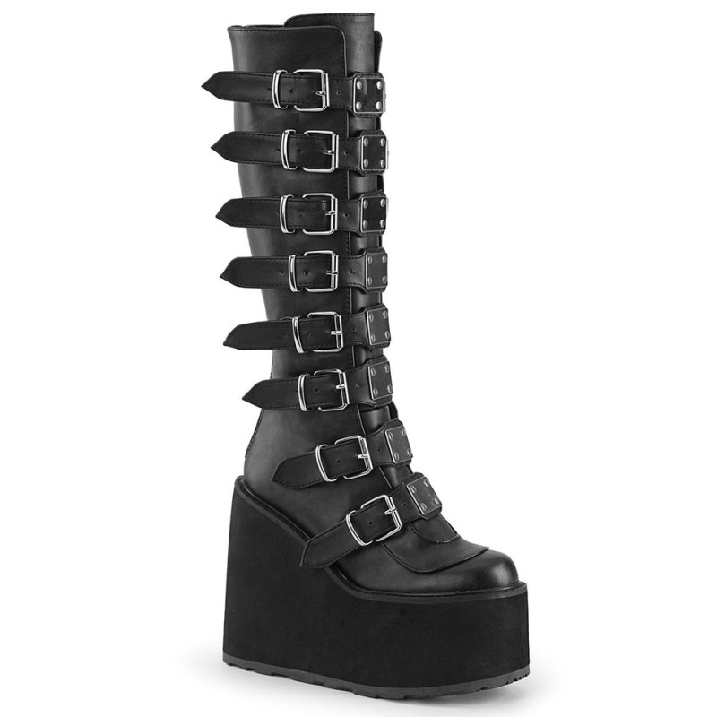 Demonia Swing 815 - Wedge Platform Women Knee-High Boots Black USA | OF9-59455S4