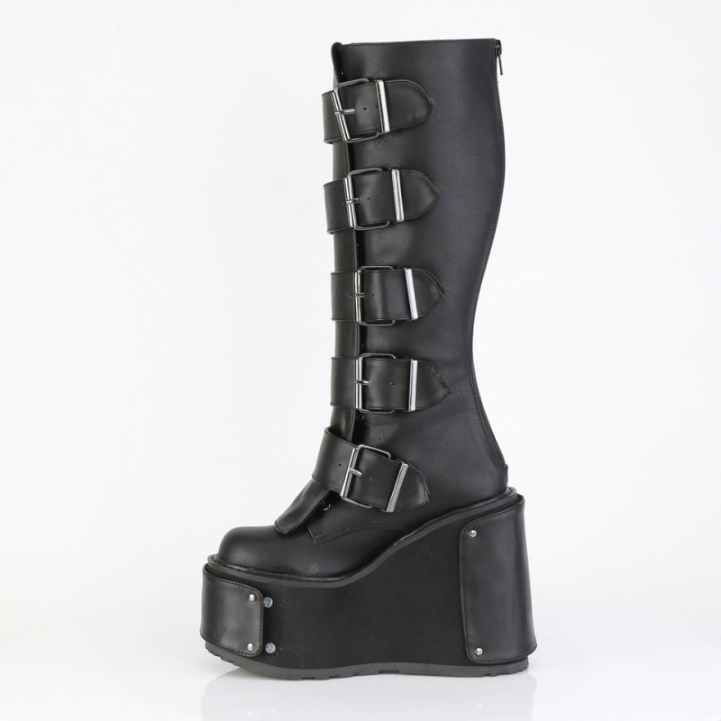 Demonia Transformer 800 - Wedge Platform Lace Up Women Knee-High Boots Black USA | HJ0-98469M2