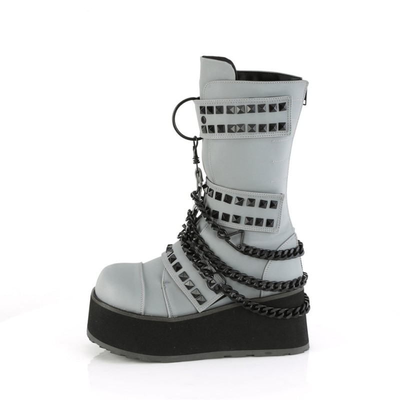 Demonia Trashville 138 - Platform Pyramid Studded Triple Hook and Loop Strap Women Mid-Calf Boots Grey Multicolor USA | EB9-19521R0