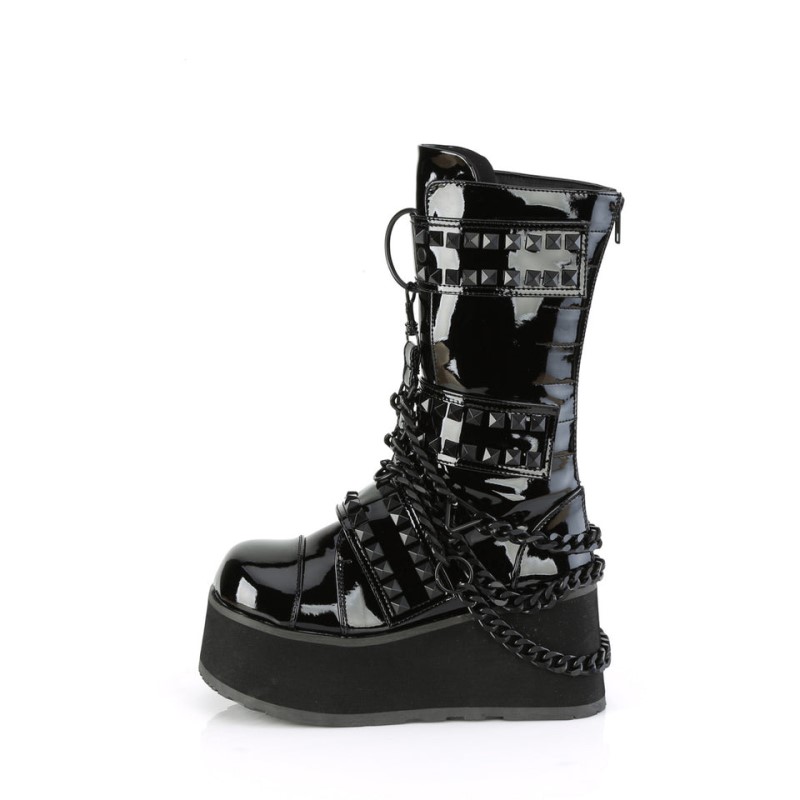 Demonia Trashville 138 - Platform Pyramid Studded Triple Hook and Loop Strap Women Mid-Calf Boots Black / Black USA | AL7-56155M3