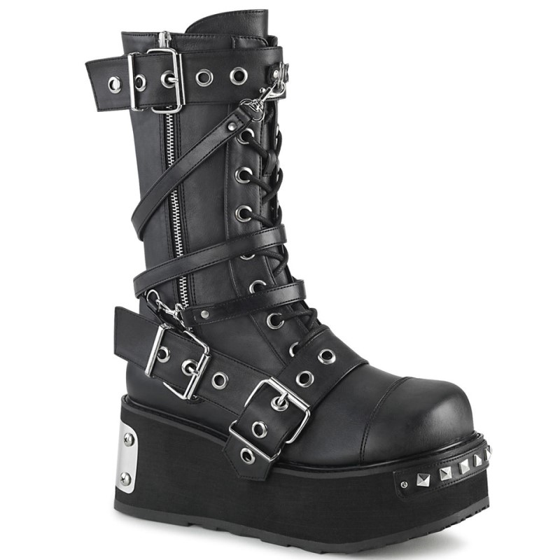 Demonia Trashville 250 - Studded & Back Chrome Platform Lace Up Women Mid-Calf Boots Black USA | AC9-29222B4