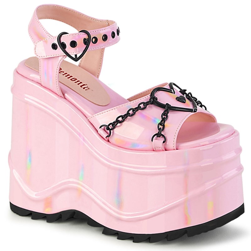 Demonia Wave 09 - Wedge Platform Heart Buckle Ankle Strap Women Sandals Pink USA | XL6-89948F6