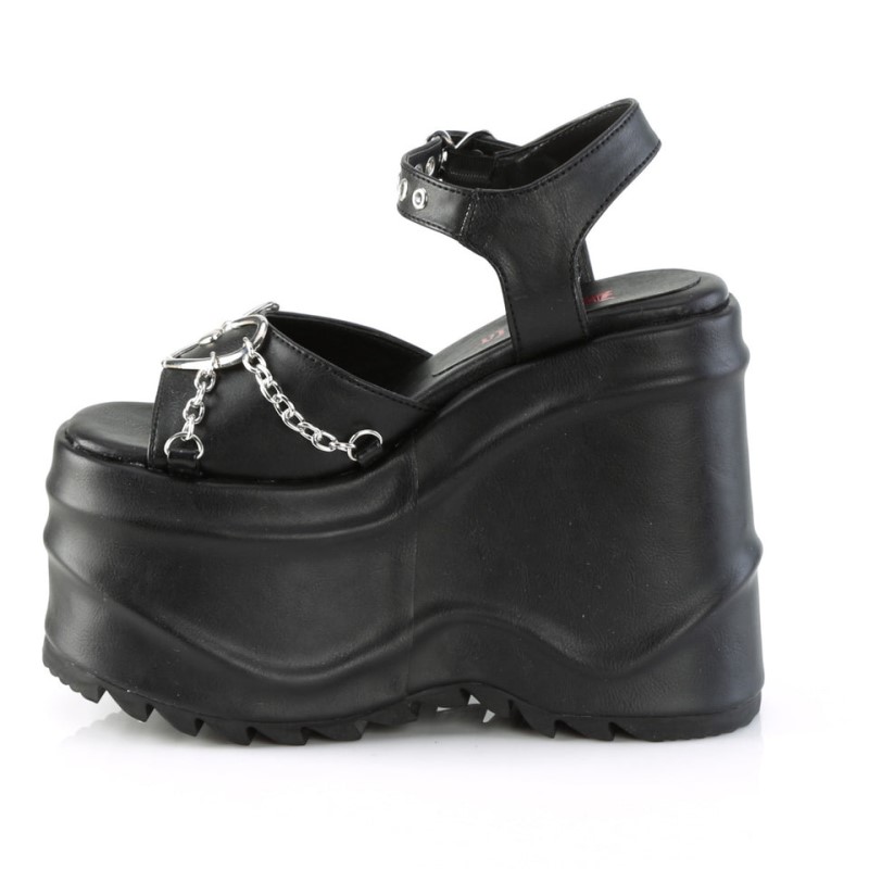 Demonia Wave 09 - Wedge Platform Heart Buckle Ankle Strap Women Sandals Black / Black USA | MT3-49414S4