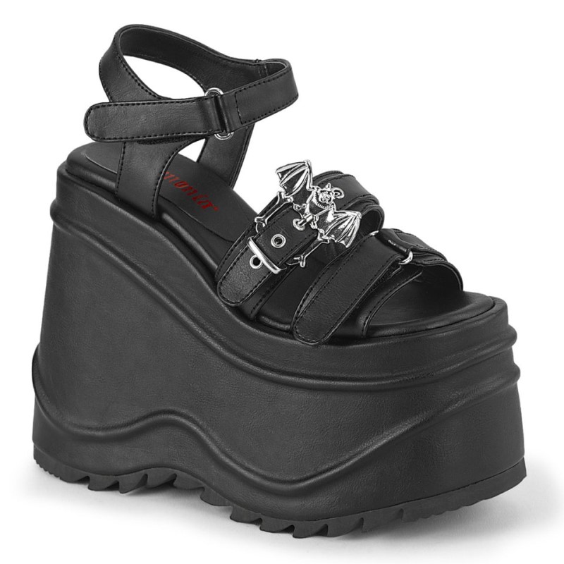 Demonia Wave 13 - Wedge Platform Hook & Loop Ankle Strap Women Sandals Black USA | PW3-40454I0