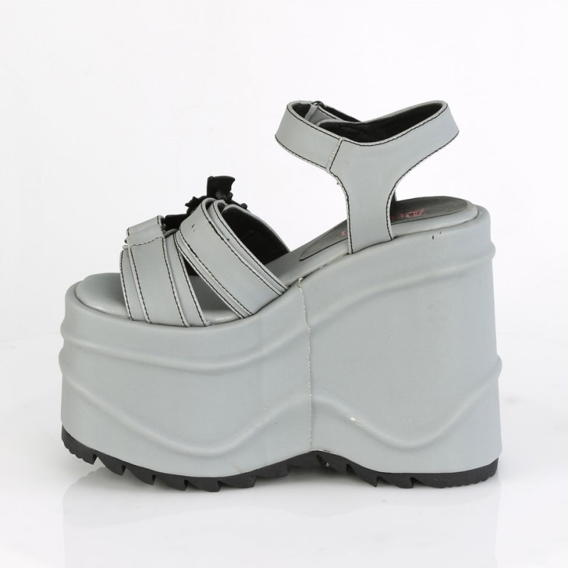 Demonia Wave 13 - Wedge Platform Hook & Loop Ankle Strap Women Sandals Grey USA | TF1-89598S4