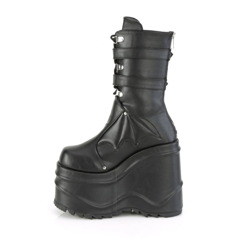 Demonia Wave 150 - Wedge Platform Lace Up Women Mid-Calf Boots Black USA | YZ1-40914S3