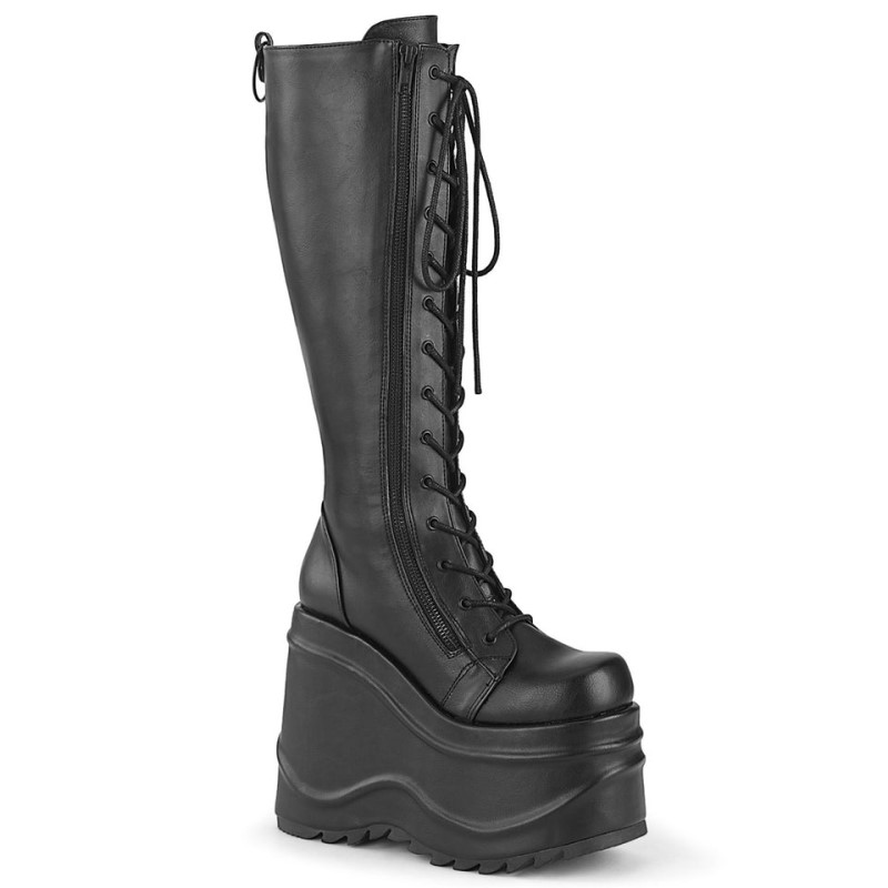 Demonia Wave 200 - Wedge Platform Lace Up Women Knee-High Boots Black USA | XC6-40714Z3