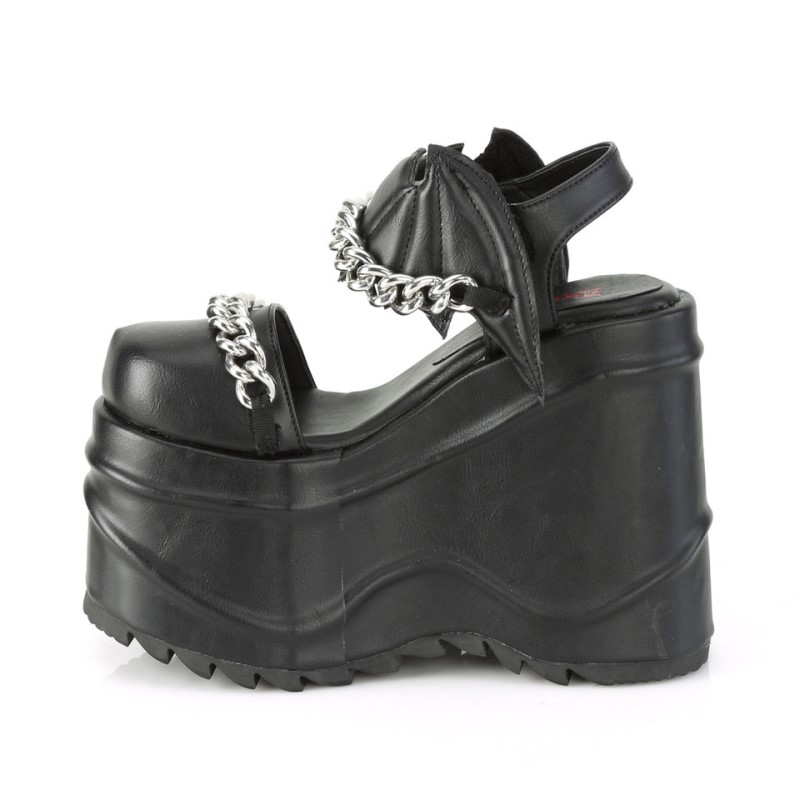 Demonia Wave 20 - Wedge Platform Close Toe Ankle Strap Women Sandals Black / Black USA | AL9-26522S1