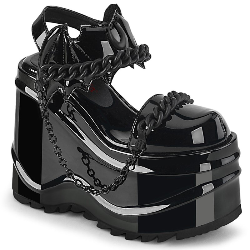 Demonia Wave 20 - Wedge Platform Close Toe Ankle Strap Women Sandals Black USA | BO6-67816W6