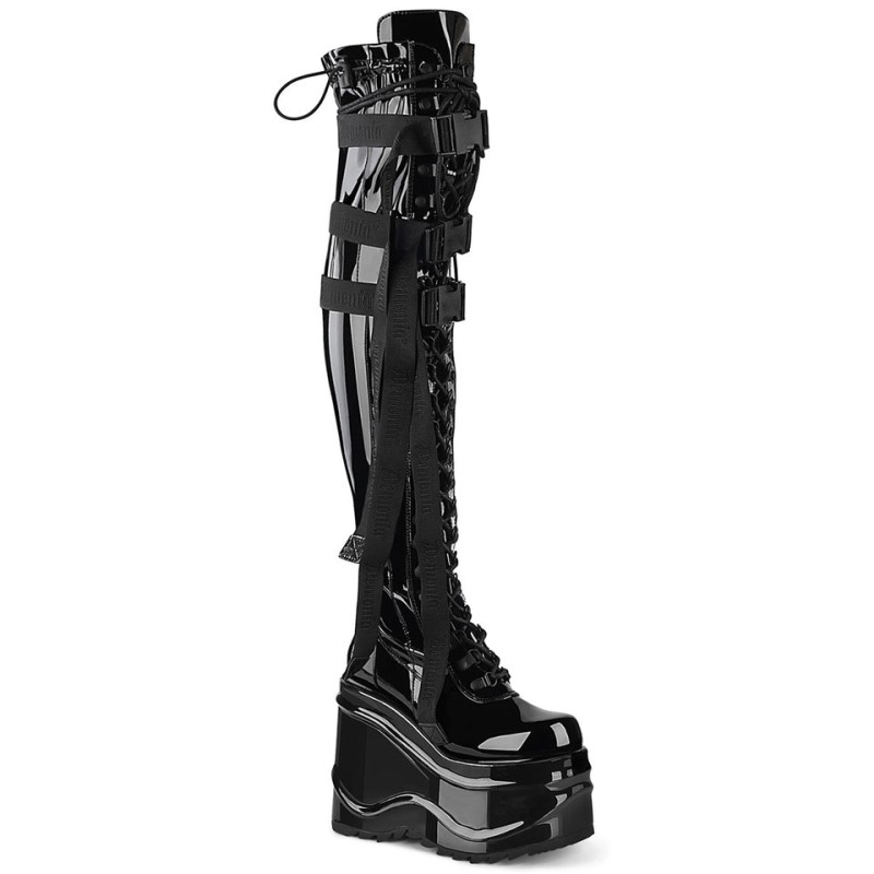 Demonia Wave 315 - Wedge Platform Lace Up Stretch Women Over-The-Knee Boots Black / Black USA | SS8-53345G2