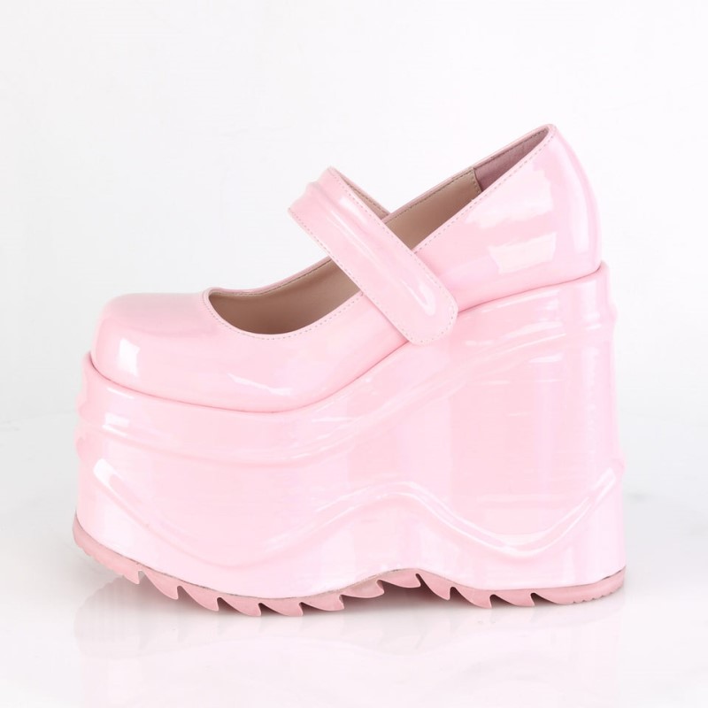 Demonia Wave 32 - Wedge Platform Women Mary Janes Pink USA | PL7-61356C9