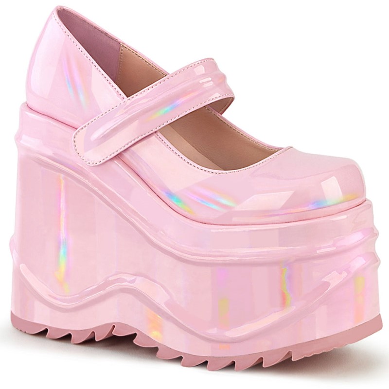 Demonia Wave 32 - Wedge Platform Women Mary Janes Pink USA | PL7-61356C9