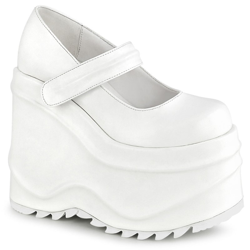 Demonia Wave 32 - Wedge Platform Women Mary Janes White USA | IJ2-52435L1