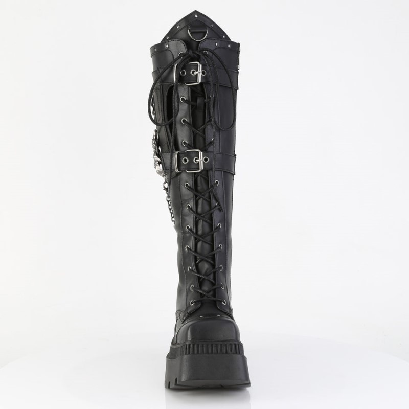 Demonia Wrath 205 - Chunky Heel Square-Toe Platform Lace Up Women Knee-High Boots Black USA | GA1-23412U6