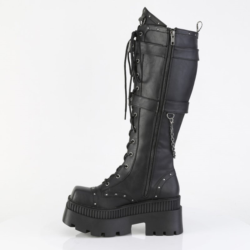 Demonia Wrath 205 - Chunky Heel Square-Toe Platform Lace Up Women Knee-High Boots Black USA | GA1-23412U6