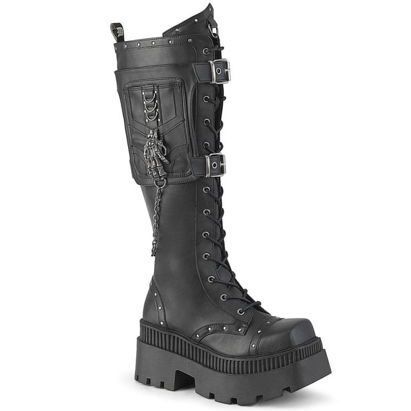 Demonia Wrath 205 - Chunky Heel Square-Toe Platform Lace Up Women Knee-High Boots Black USA | GA1-23412U6