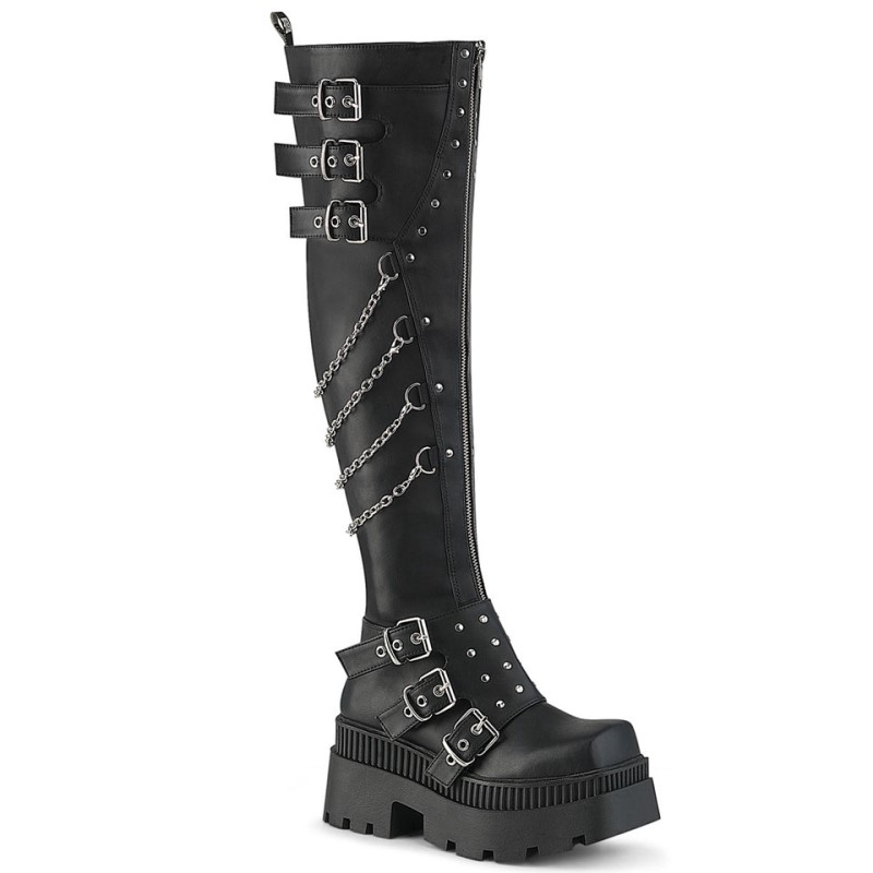 Demonia Wrath 310 - Chunky Heel Square-Toe Platform Women Over-The-Knee Boots Black USA | GA1-35153P3